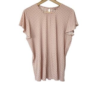 PHILOSOPHY LIGHT PINK BLUSH BLACK POLKA DOT TOP BLOUSE WITH FLUTTER SLEEVES, L